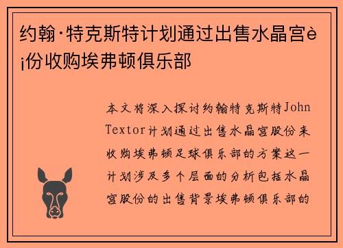 约翰·特克斯特计划通过出售水晶宫股份收购埃弗顿俱乐部 约翰·特克斯特计划通过出售水晶宫股份收购埃弗顿俱乐部